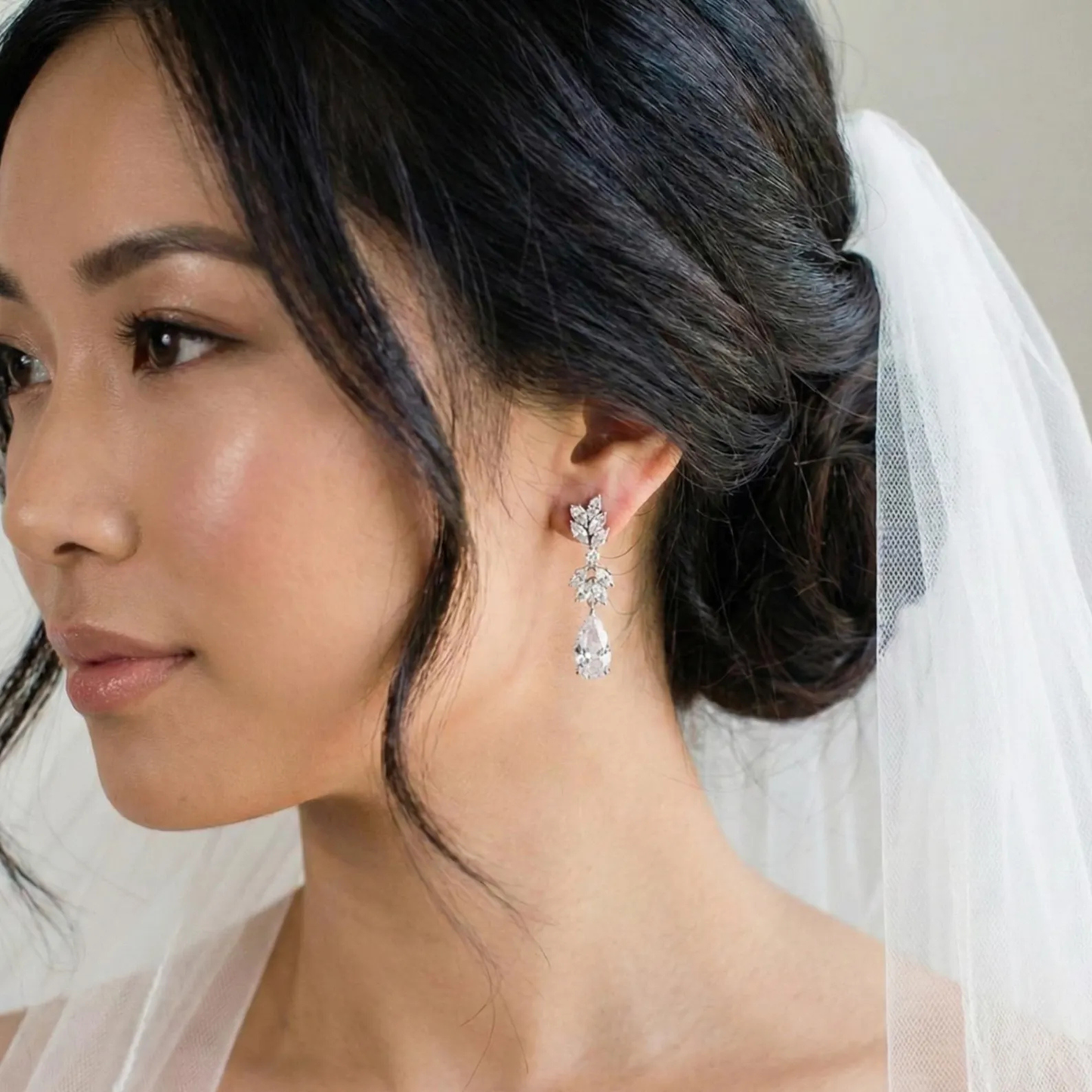 Silver or Gold CZ Bridal Teardrop Earrings | Leaf Cluster Wedding Drop