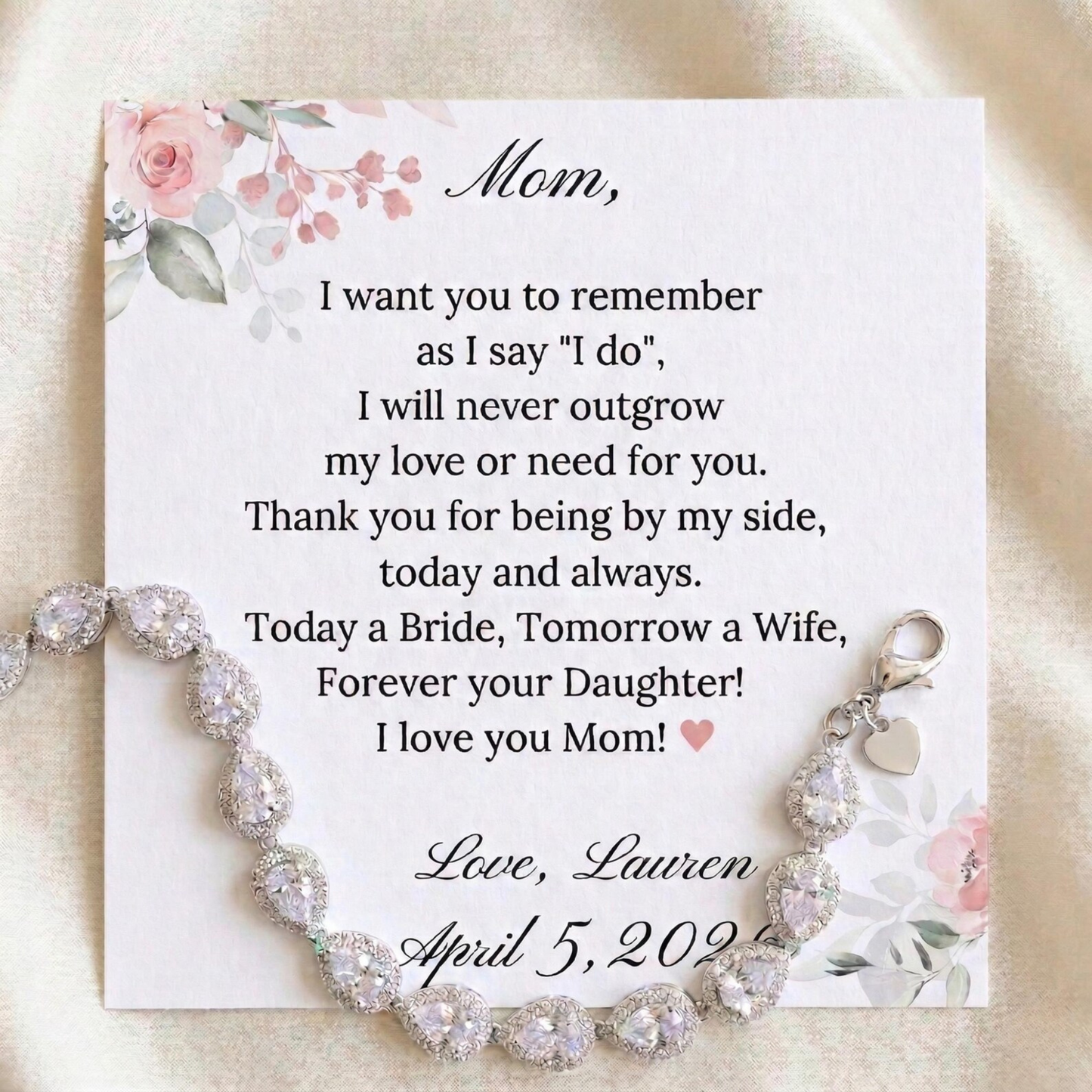 Greeting card with bracelet and floral design, addressed to 'Mom' on a beige background