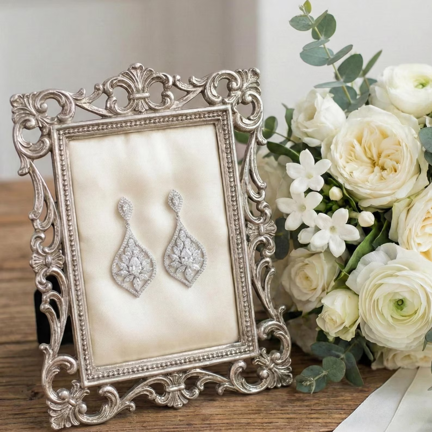 Silver ornate frame with diamond earrings and white flowers on a wooden surface