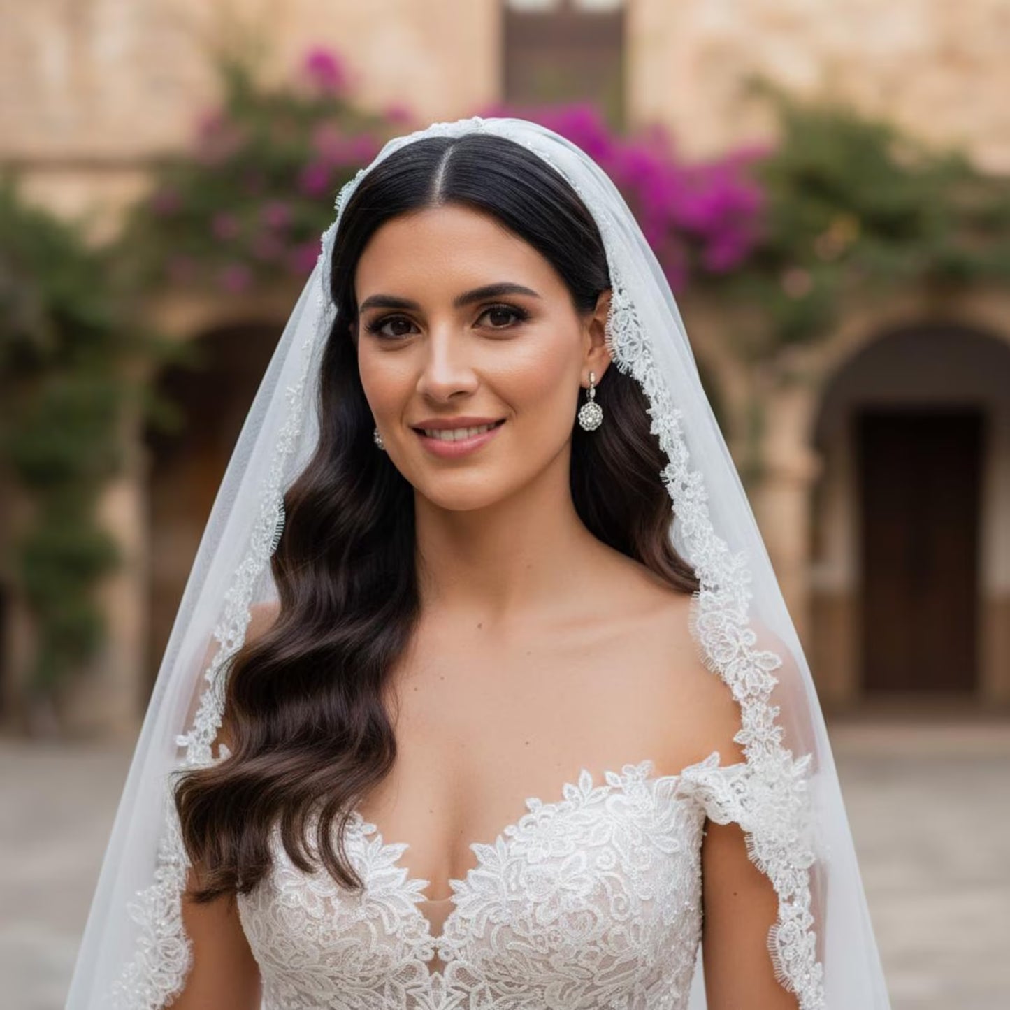 Woman wearing a white wedding dress with a veil in an outdoor setting