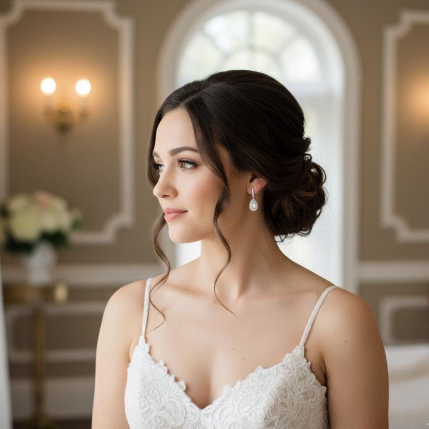 Woman in a white lace dress with elegant hair and jewelry in an indoor setting
