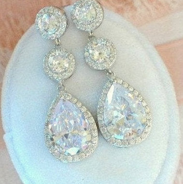Alicia Long CZ Drop Bridal Earrings
