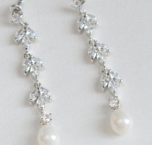 Addison Long CZ Pearl Bridal Earrings