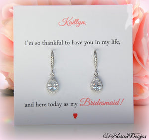 Teardrop earrings displayed on personalized card for bridesmaid gifts