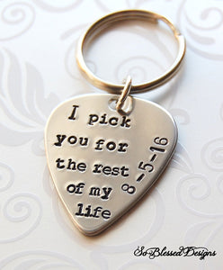 I pick you for the rest of my life guitar pick keychain with wedding date on side