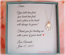Sterling silver and rose gold family tree necklace with a thank you card to mother of the groom