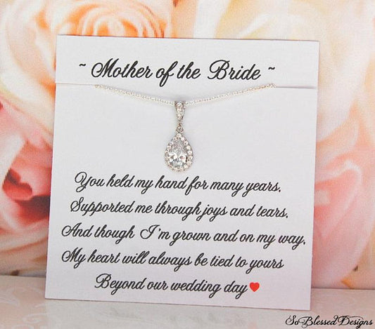 Teardrop CZ necklace on Mother of the Bride jewelry card from Bride
