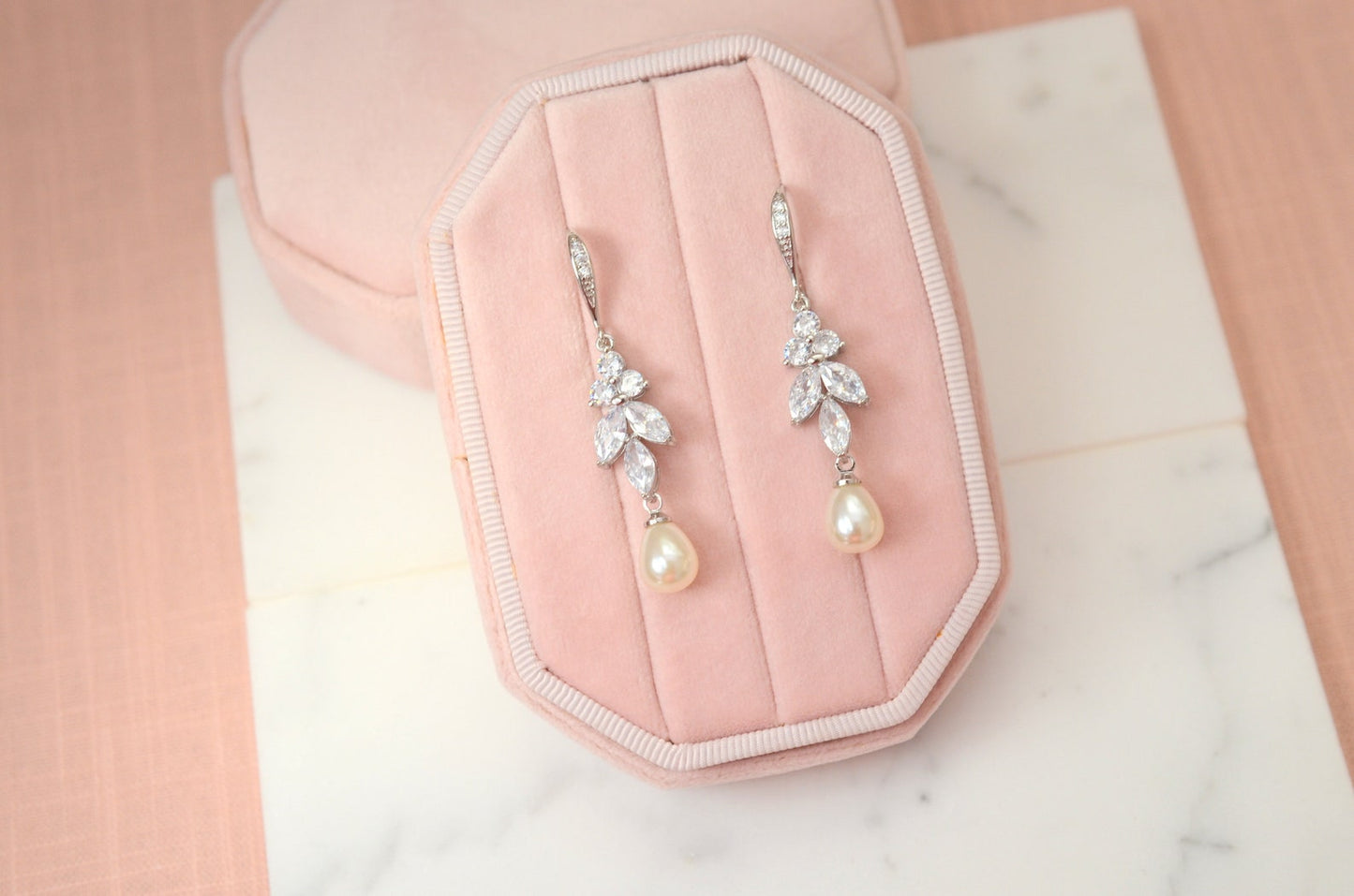 Long Pearl and CZ Earrings for Bride