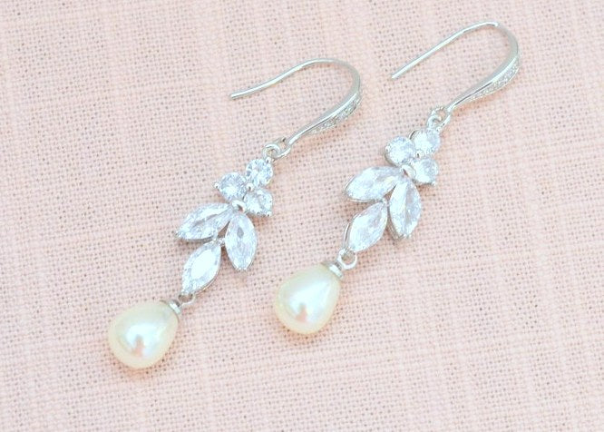 Long Pearl and CZ Earrings for Bride