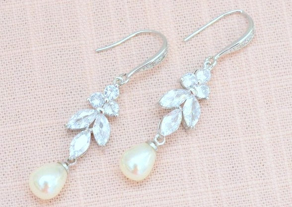 Long Pearl and CZ Earrings for Bride