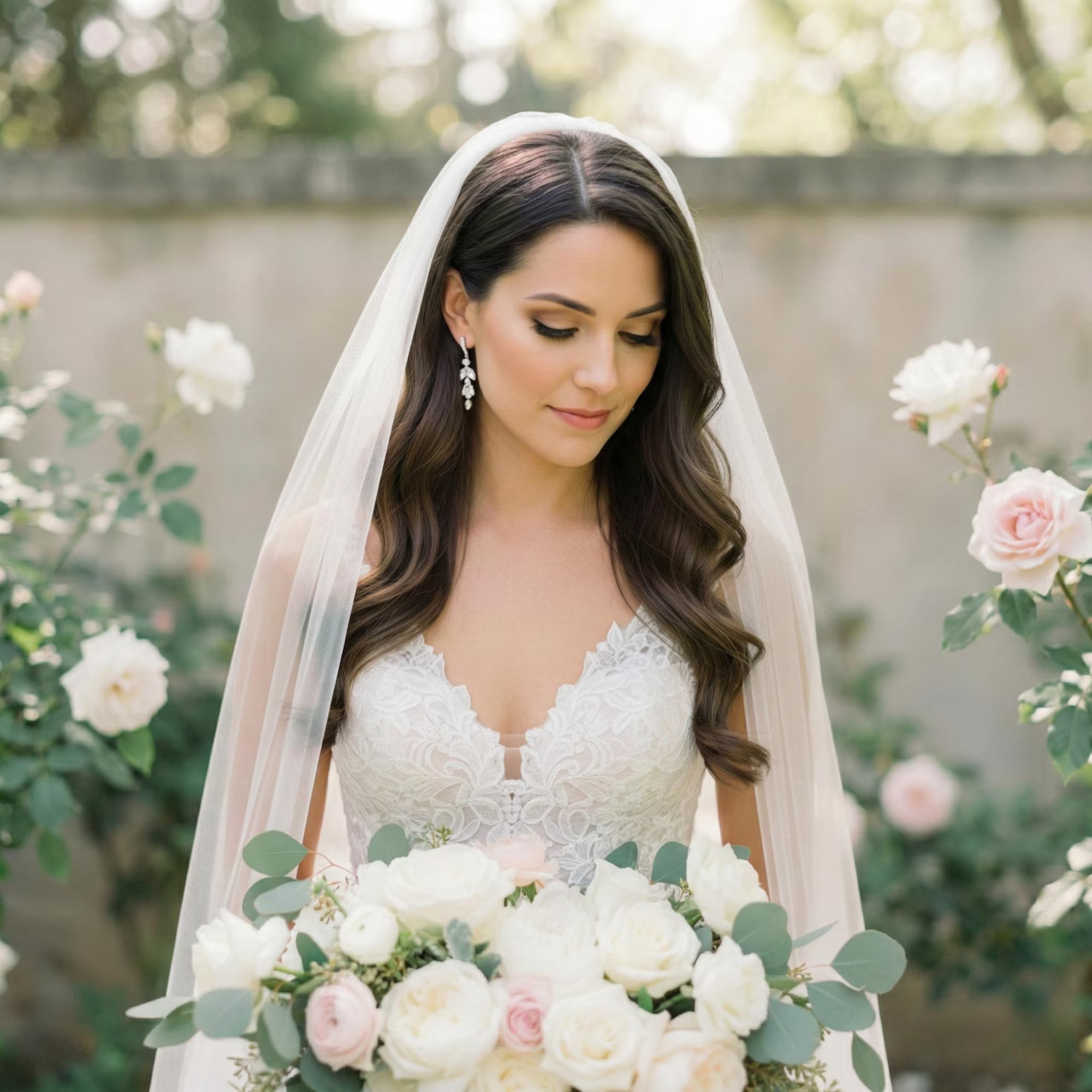 Bride holding a bouquet of flowers in a garden setting