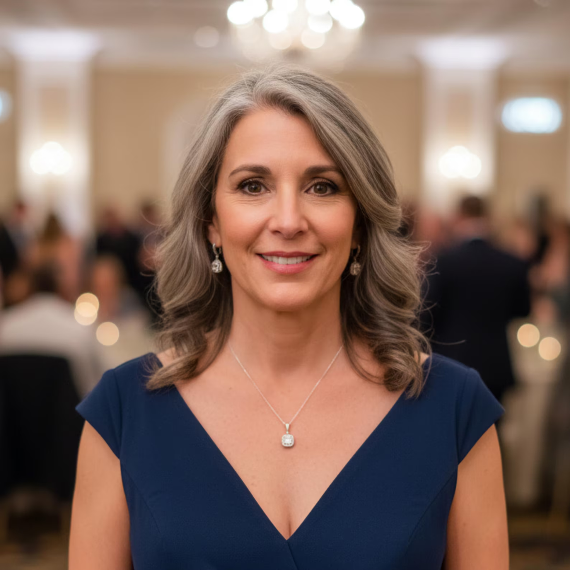 Woman in a blue dress wearing silver Cubic Zirconia princess cut earrings and matching necklace