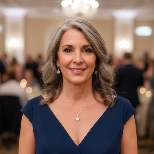 Woman in a blue dress wearing silver Cubic Zirconia princess cut earrings and matching necklace