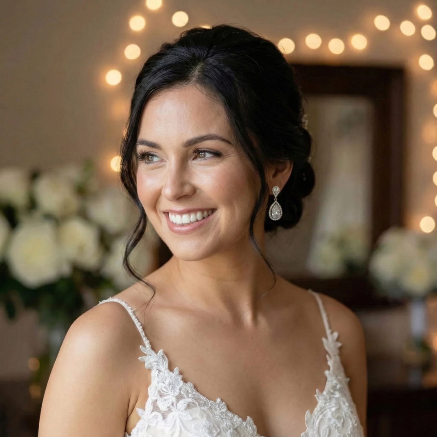 Woman in a white wedding dress with floral details, smiling in a softly lit room with string lights and flowers.
