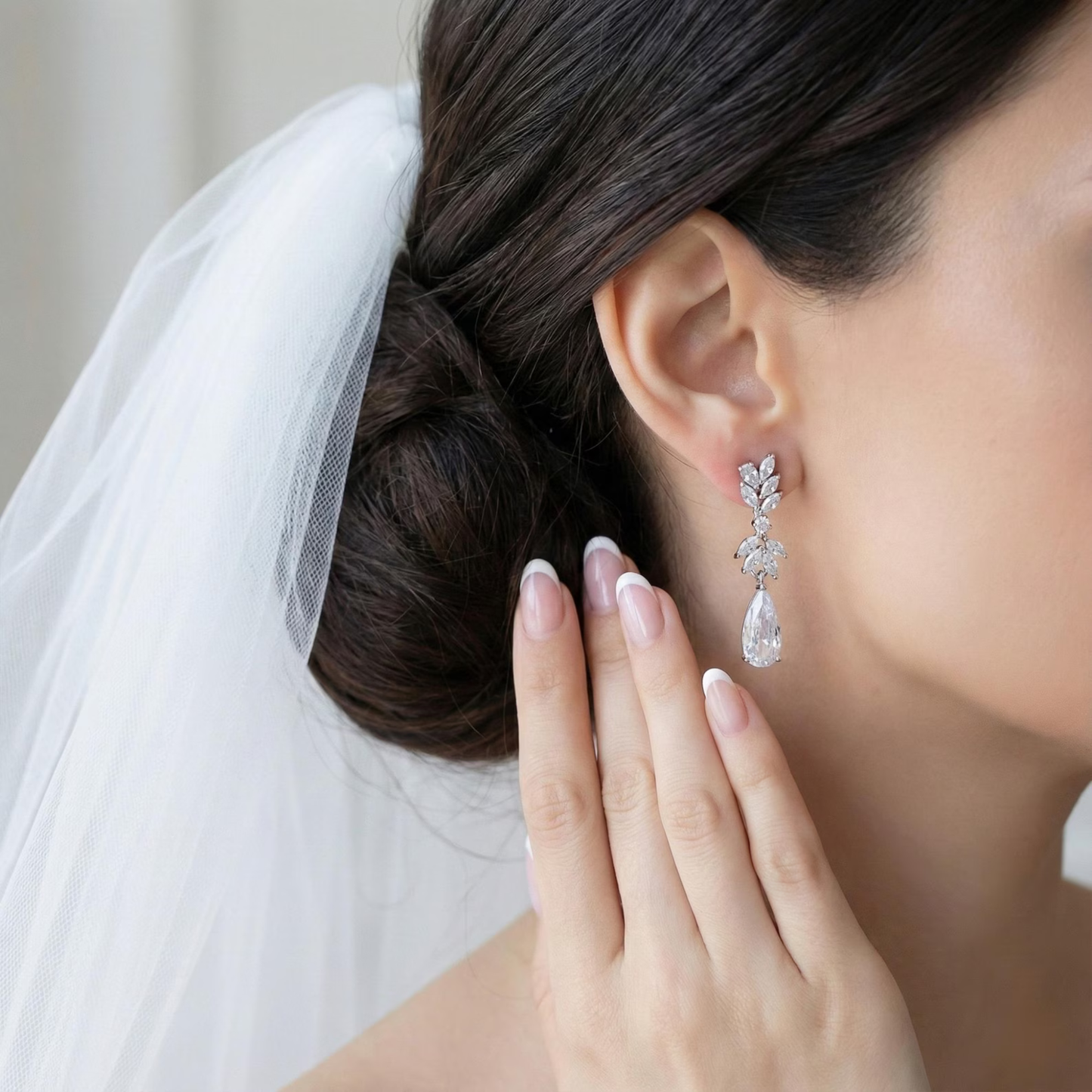 Silver or Gold CZ Bridal Teardrop Earrings | Leaf Cluster Wedding Drop