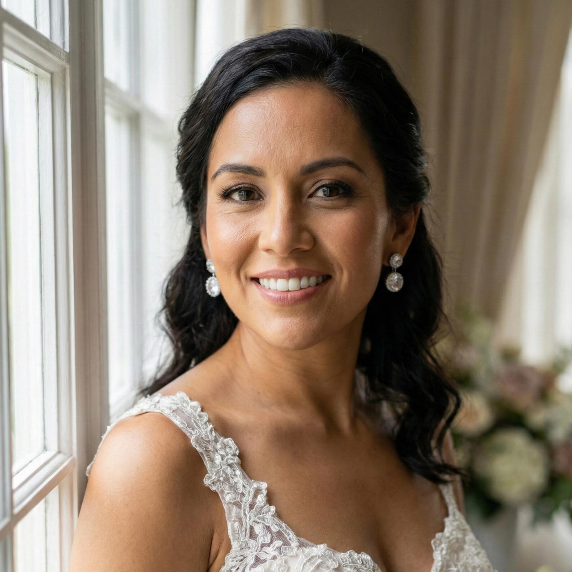 Woman in a wedding dress smiling in front of a window with flowers in the background