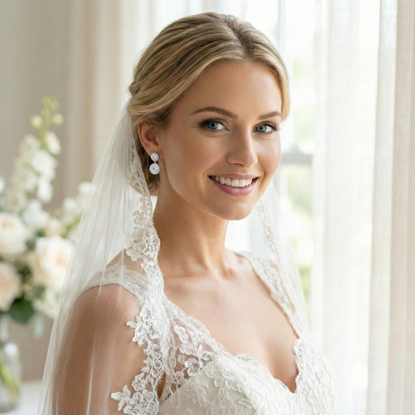 Woman's ear modeling an elegant sterling silver solitaire drop earring with delicate crystal accents.