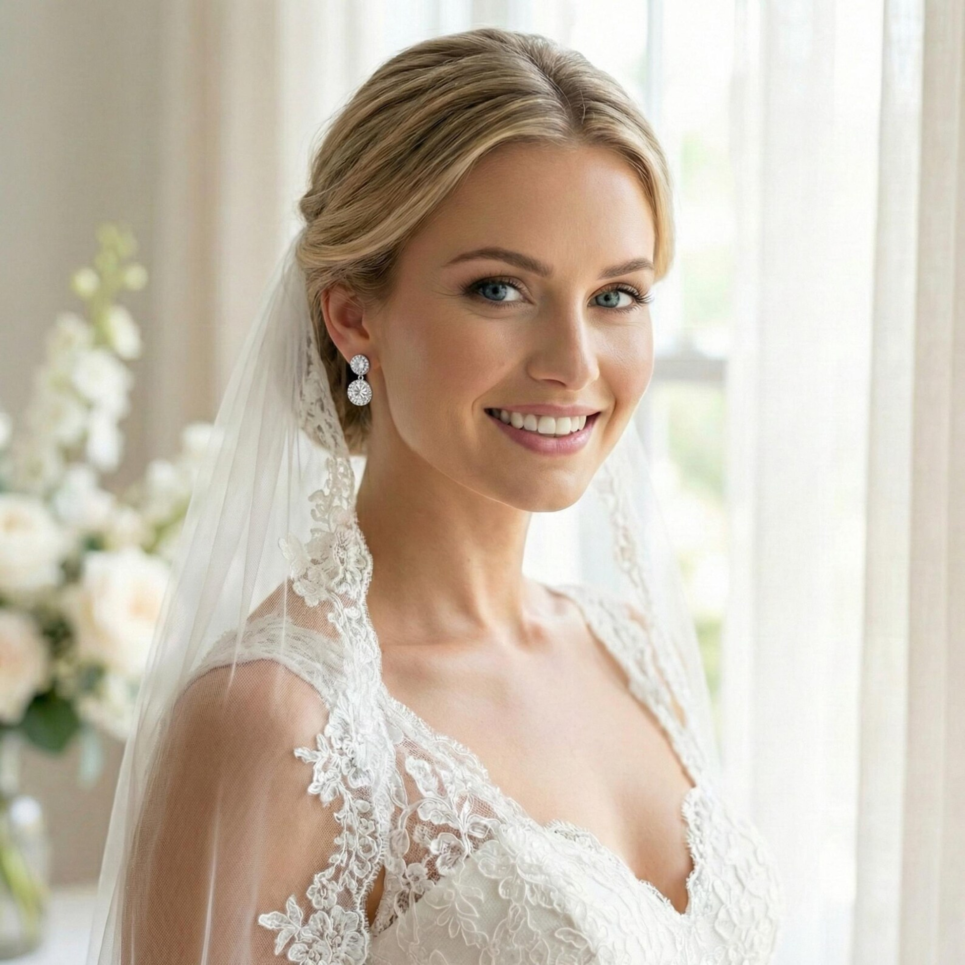 Woman's ear modeling an elegant sterling silver solitaire drop earring with delicate crystal accents.