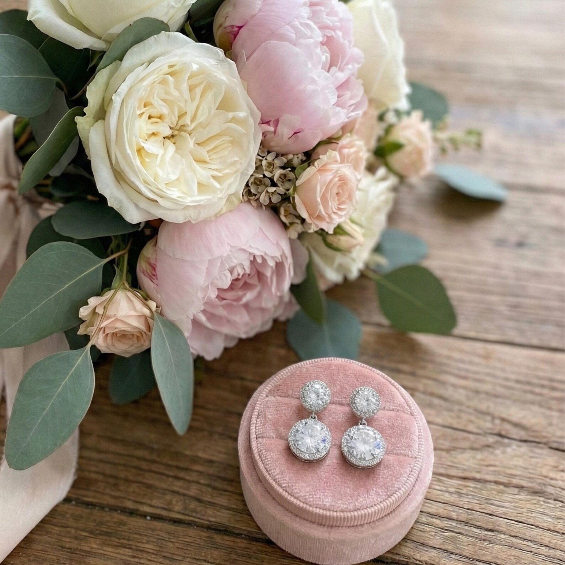 Silver earrings in a pink jewelry box with flowers on a wooden surface