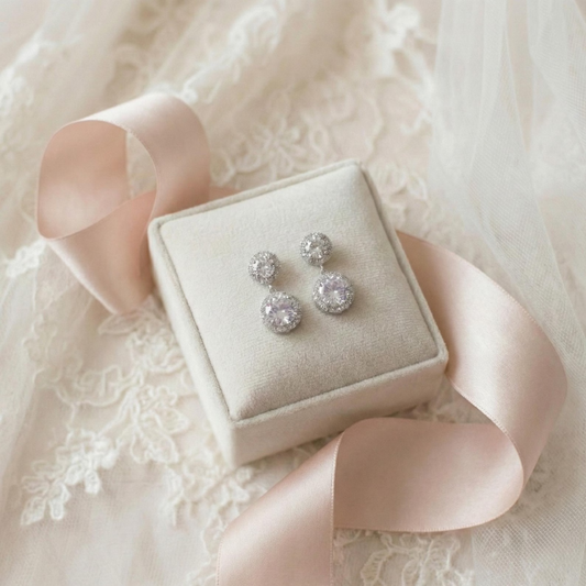 Close-up of a simple sterling silver solitaire drop bridal earring featuring a brilliant white pearl.