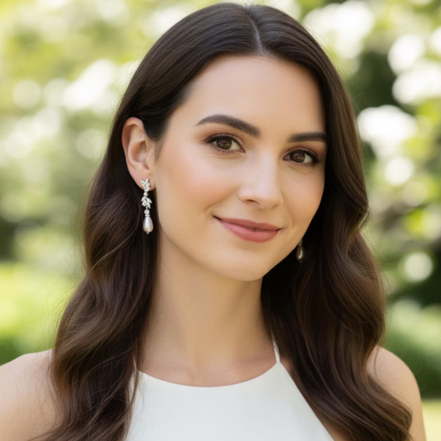 Woman wearing Silver and pearl drop bridal earrings with a blurred green background