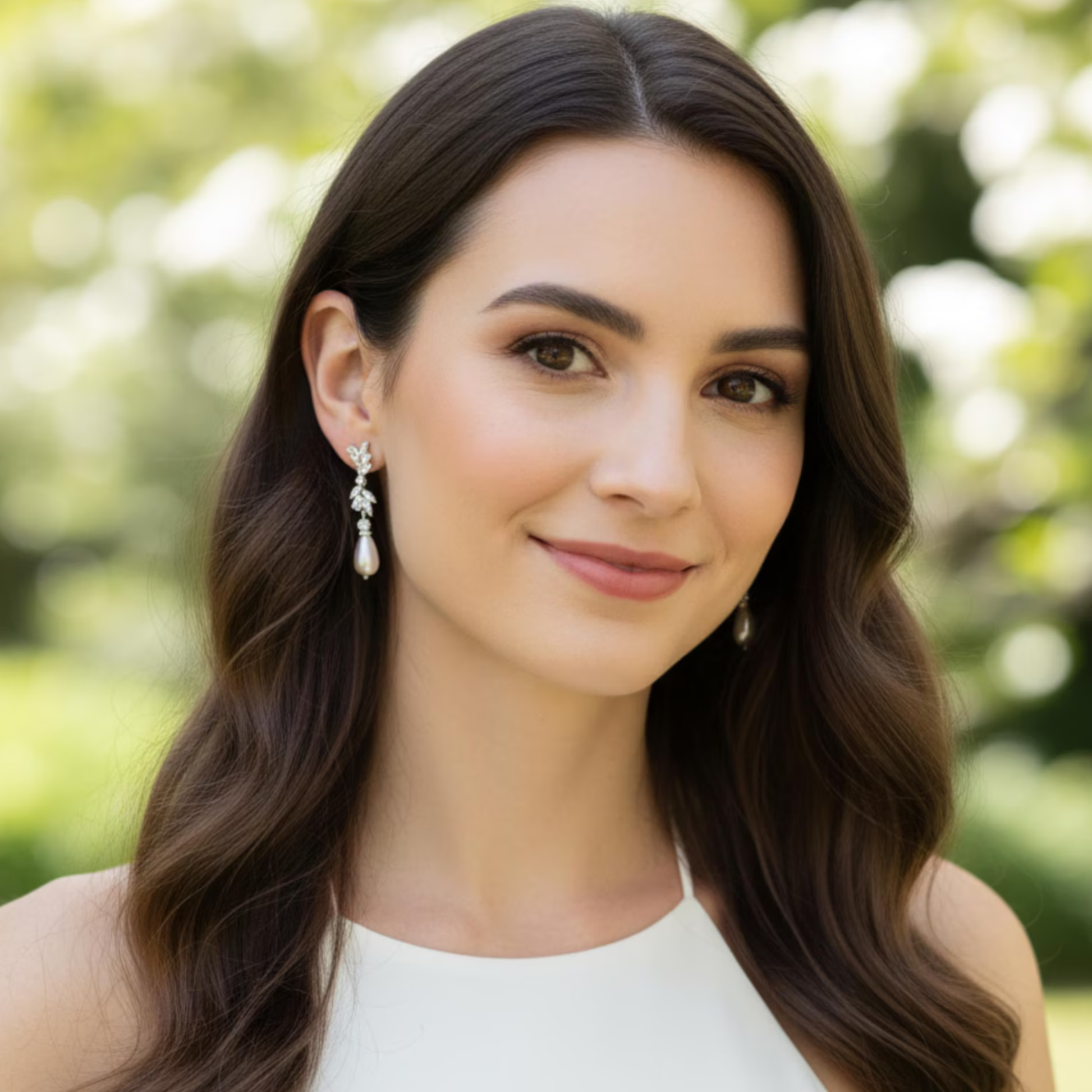Woman wearing Silver and pearl drop bridal earrings with a blurred green background