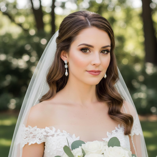 Bride in a white wedding dress with a veil, holding flowers, outdoors.