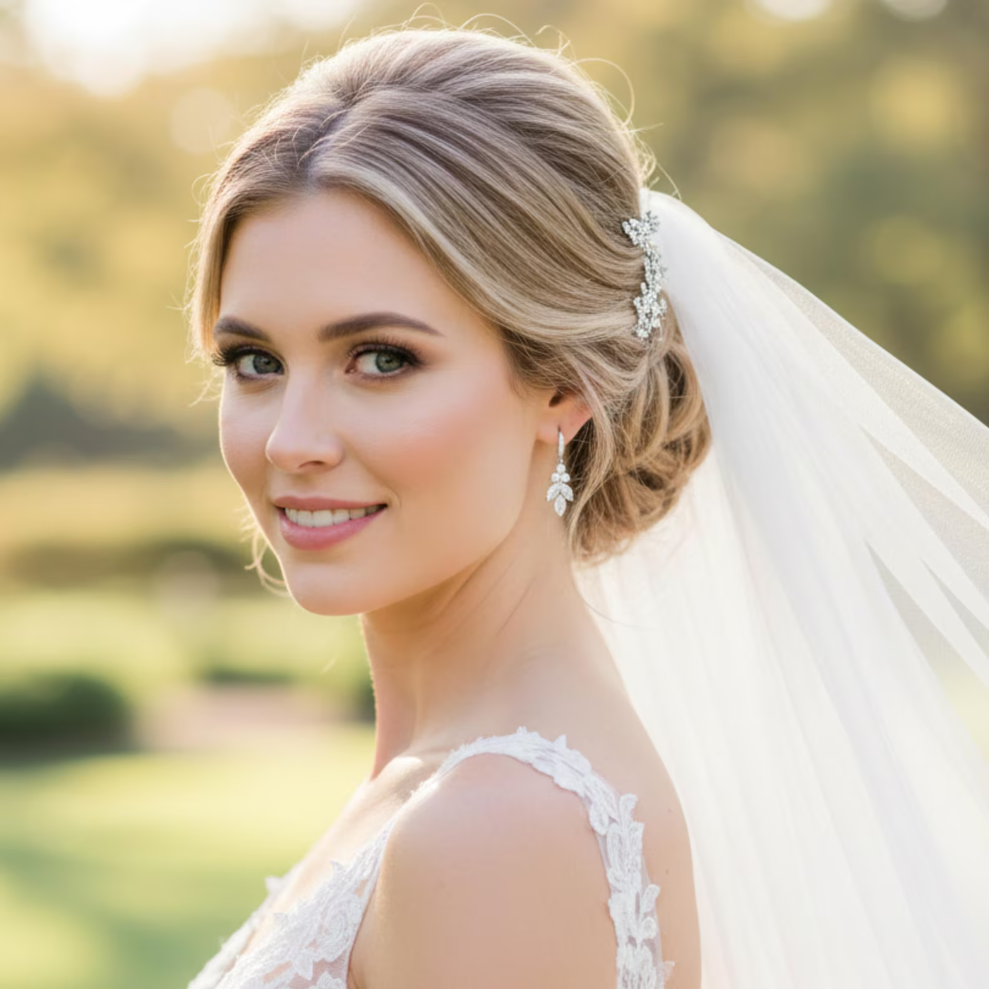Bride with a veil and floral hairpiece in a natural setting wearing floral vine silver earrings