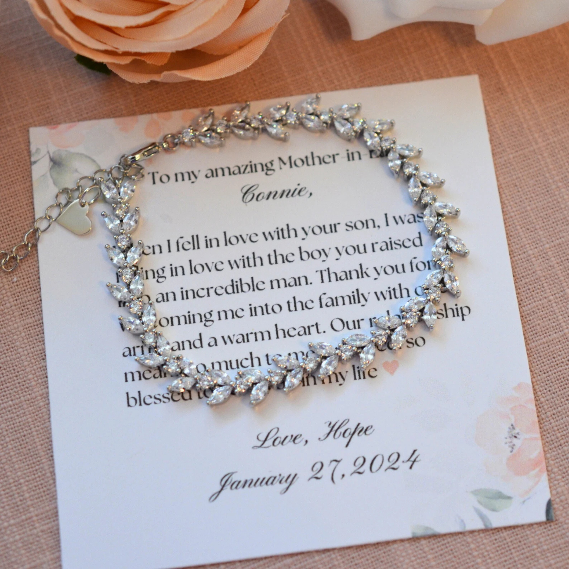 Mother of the Groom poem card with CZ bracelet.