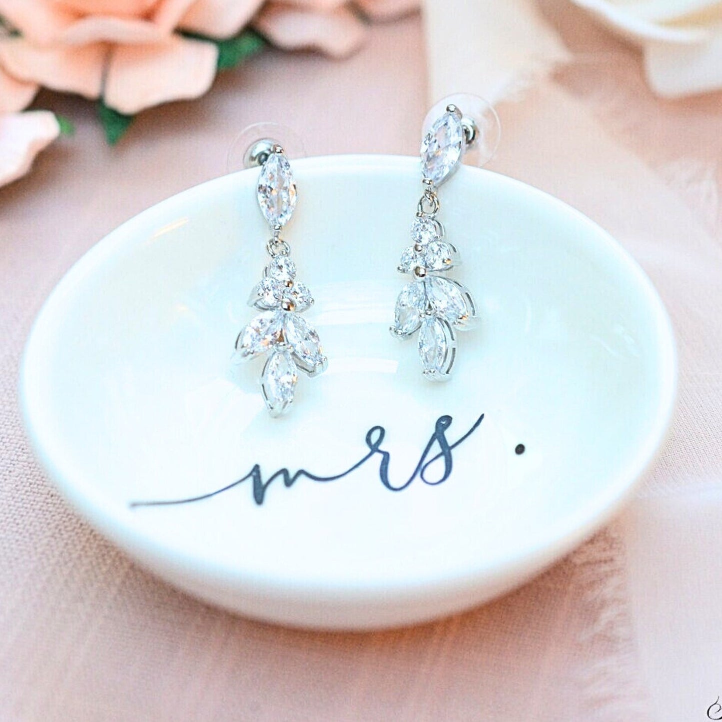 CZ Leaf Dainty Bridal Earrings