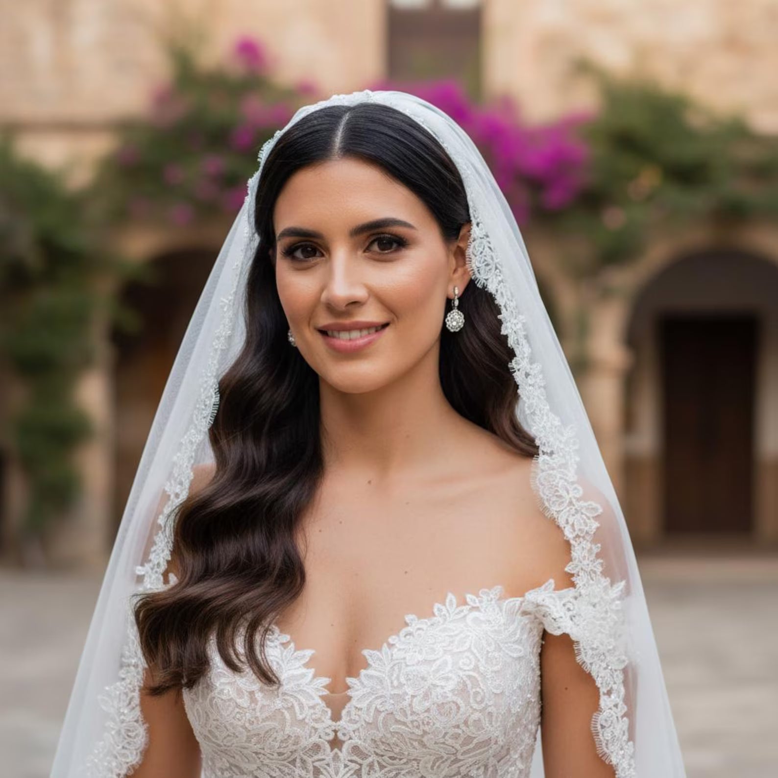 Woman wearing a white wedding dress with a veil in an outdoor setting