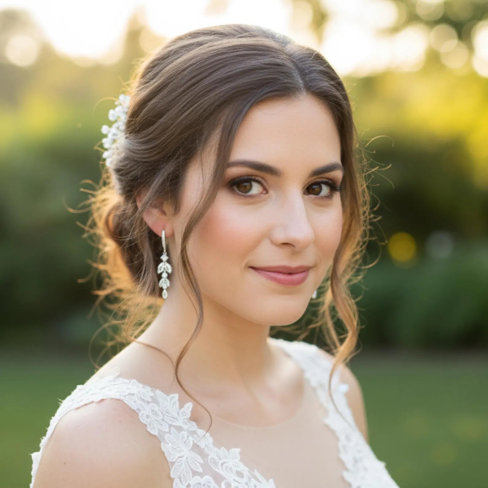 Close-up of cascading silver vine wedding earrings featuring marquise and round cut CZ crystals