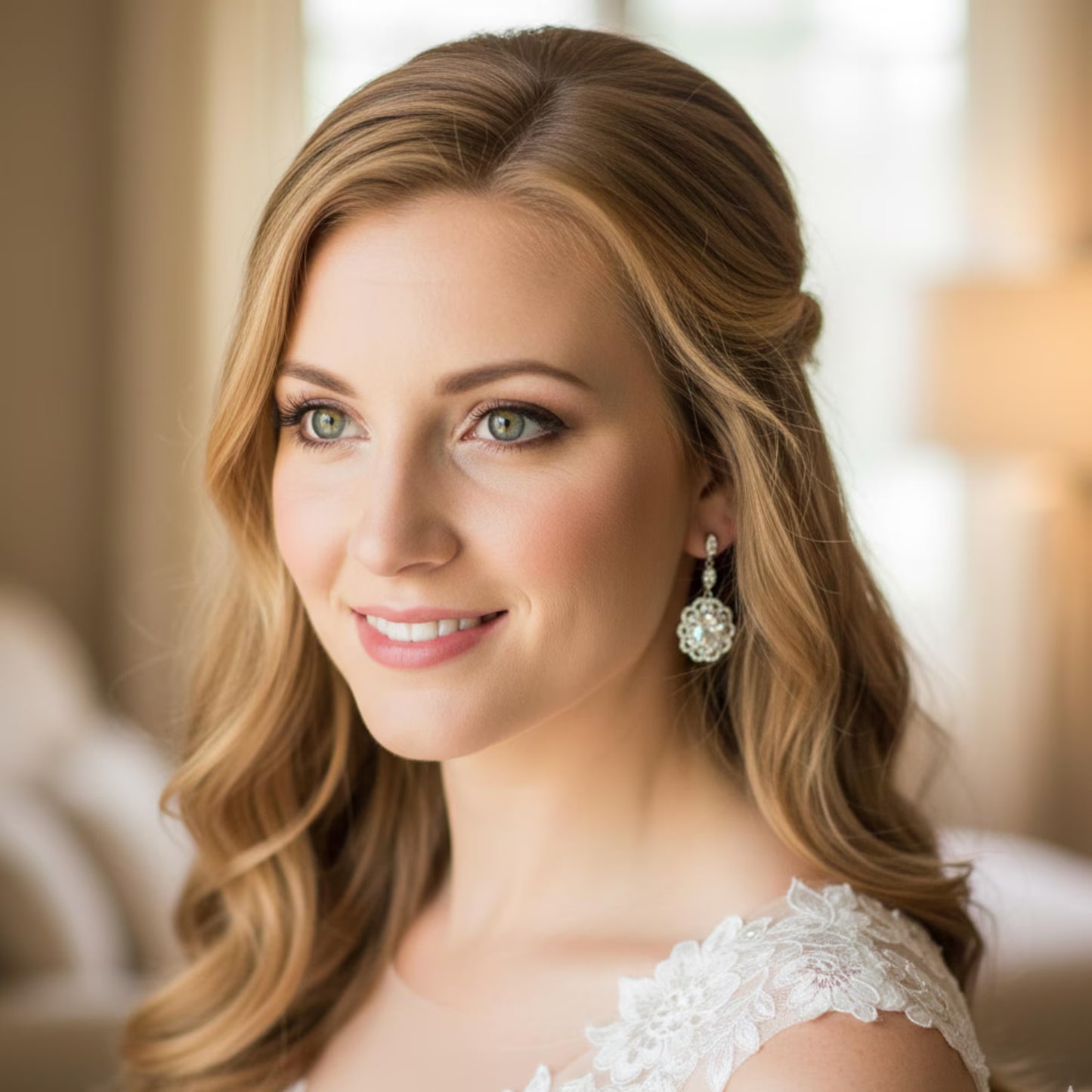 Woman wearing a white lace wedding dress and vintage glamour style silver CZ earrings