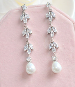 Addison Long CZ Pearl Bridal Earrings