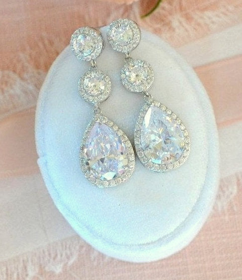 Alicia Long CZ Drop Bridal Earrings