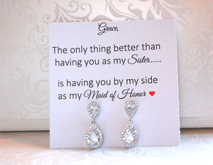 maid of honor earrings on personalized jewelry card
