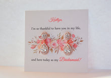 bridesmaid gift earrings on personalized card