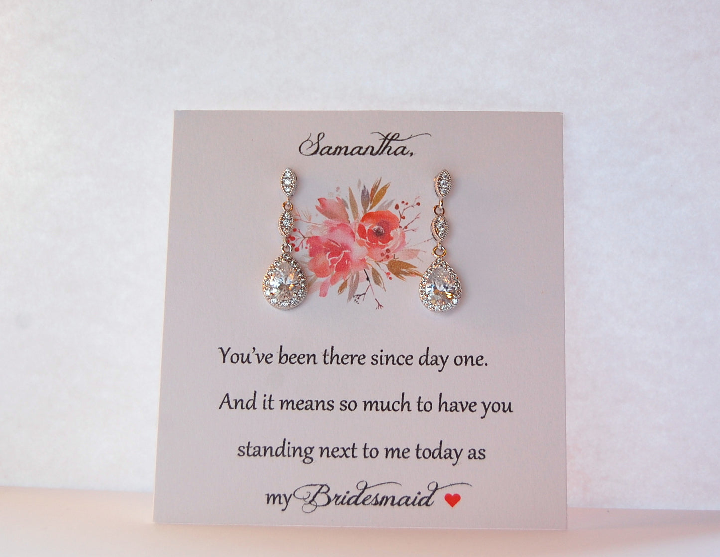 Bridesmaid card with cubic zirconia earrings