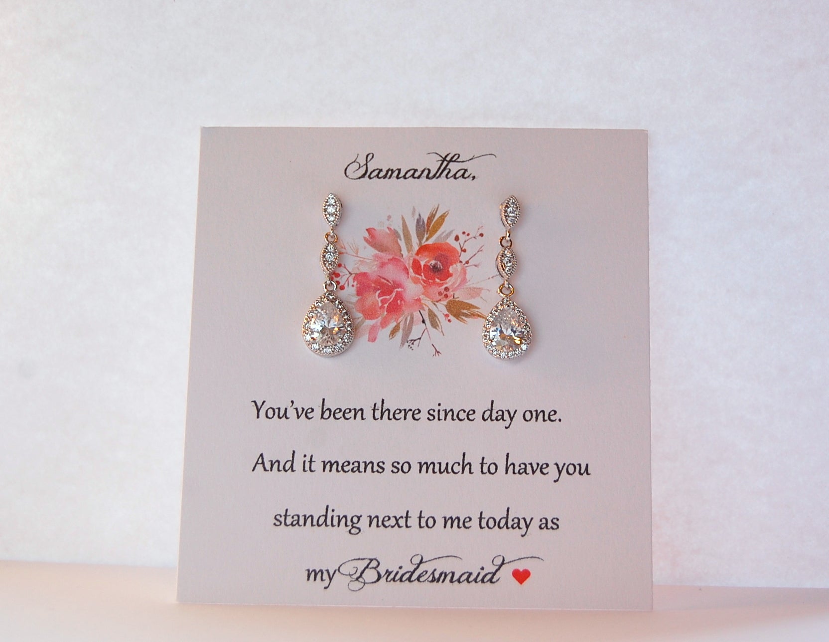 Bridesmaid card with cubic zirconia earrings