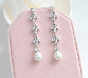 Addison Long CZ Pearl Bridal Earrings