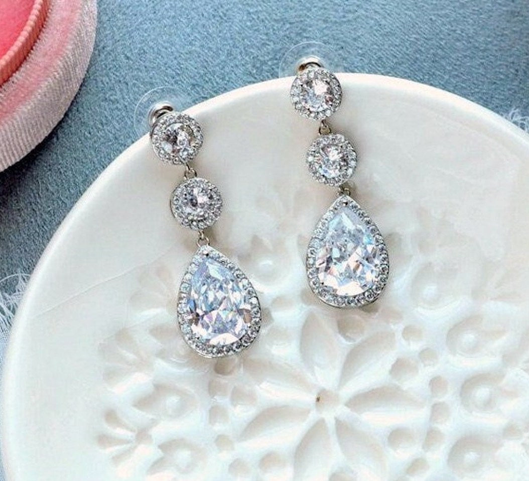 Alicia Long CZ Drop Bridal Earrings