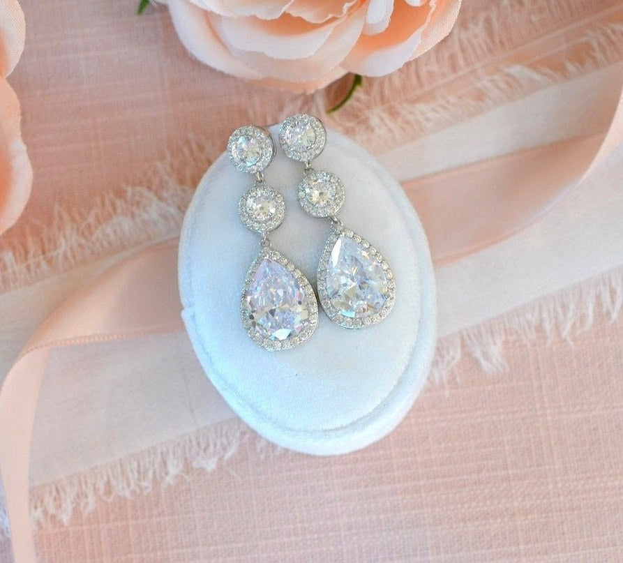 Alicia Long CZ Drop Bridal Earrings