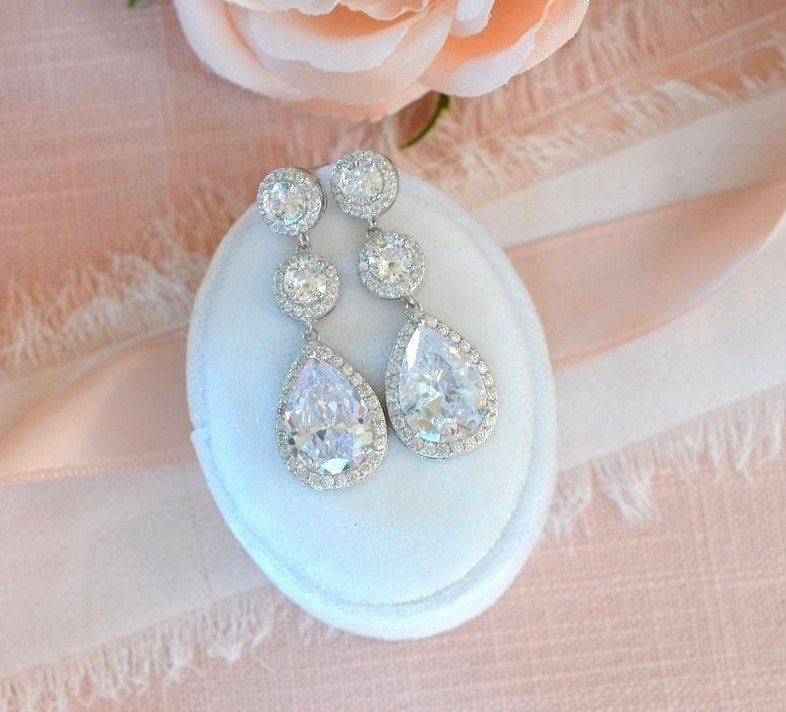 Alicia Long CZ Drop Bridal Earrings