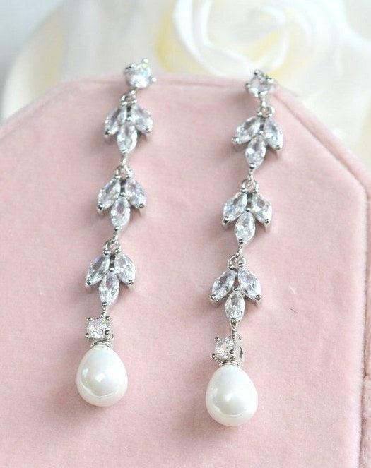 Addison Long CZ Pearl Bridal Earrings