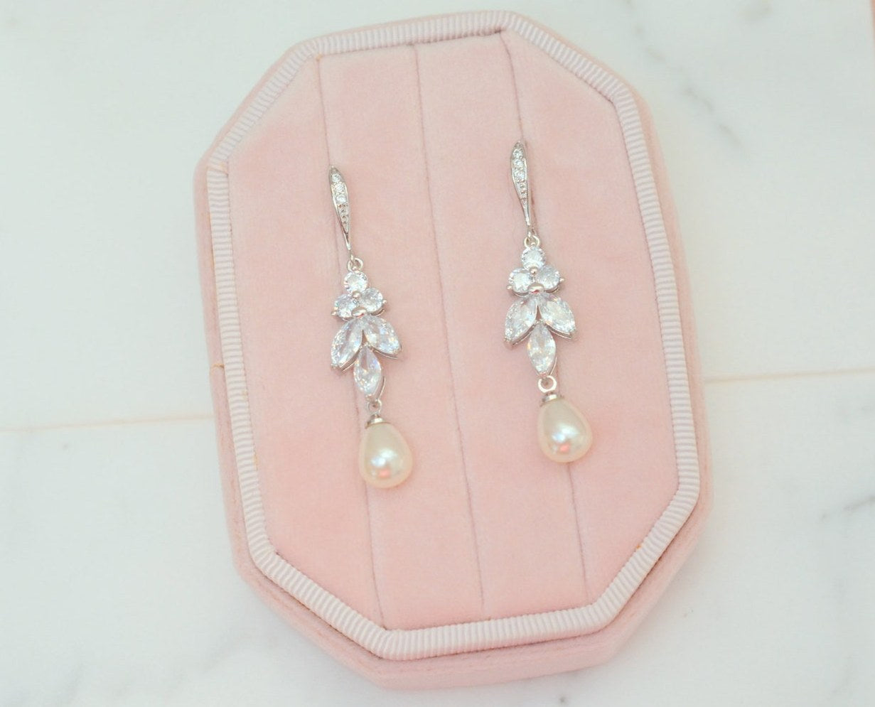 Long Pearl and CZ Earrings for Bride