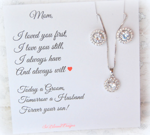 Silver Solitaire earrings and necklace set for mother of the groom