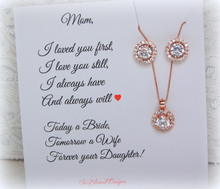 Rose gold set earrings necklace displayed on I loved you first card