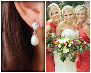 Bride with her bridesmaids wearing pearl and CZ drop earrings