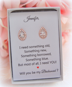 Rose gold teardrop earrings on will you be my bridesmaid card