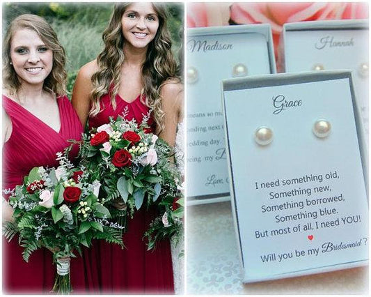 Bridesmaids wearing pearl stud earrings for wedding 